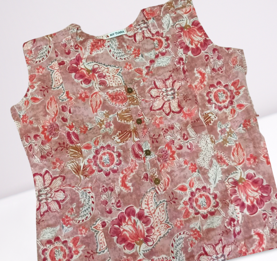 Floral Printed Pink Sleeveless Kurti