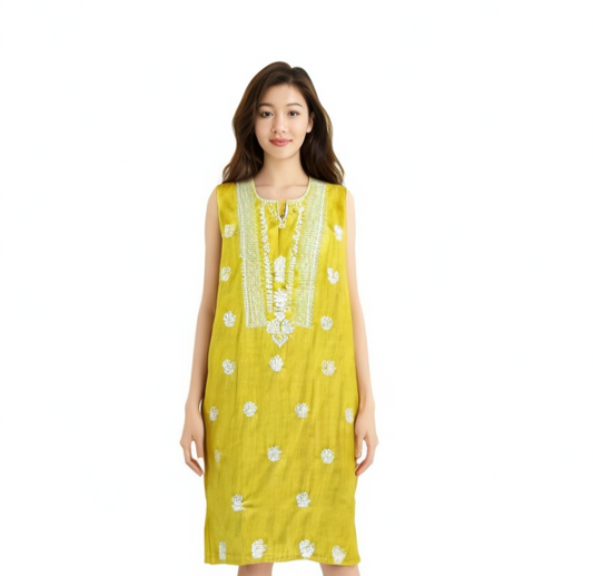 Printed Yellow Sleeveless Kurti