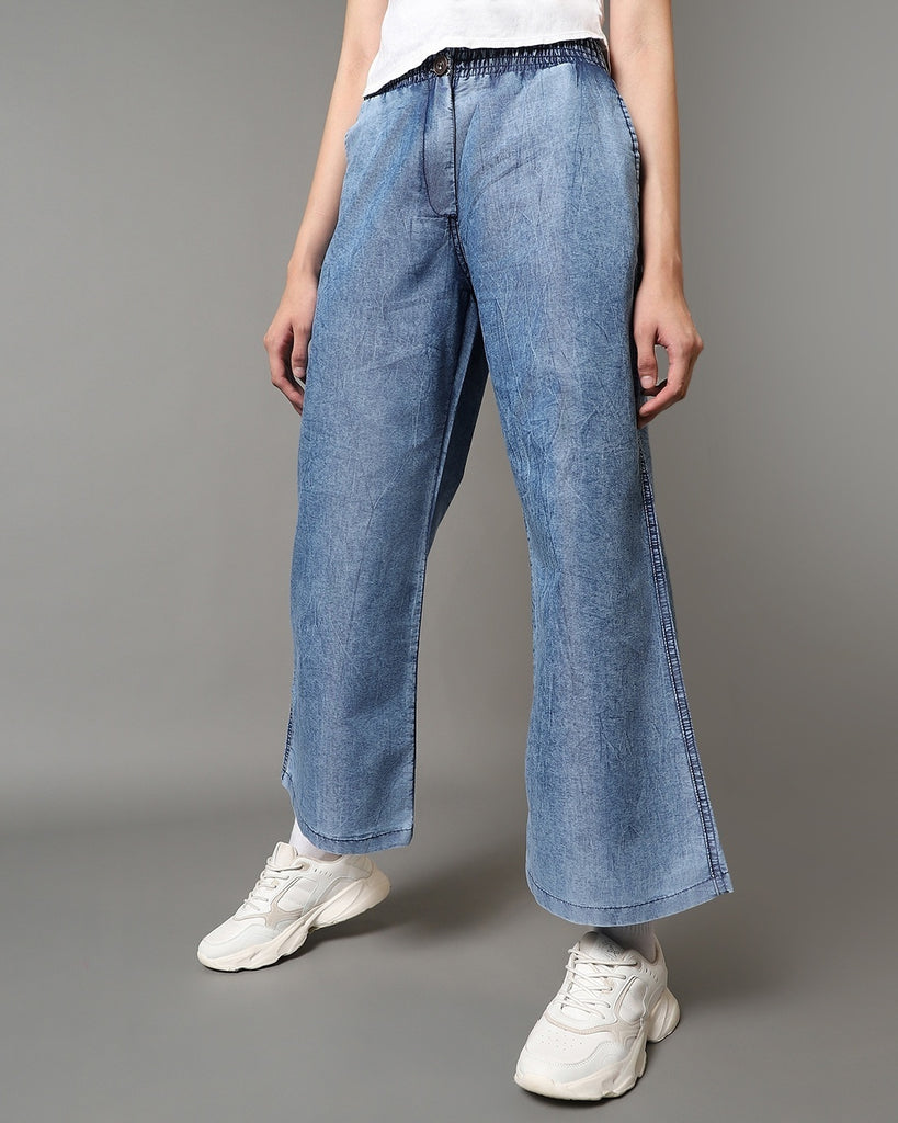 Women's Blue Acid Wash Straight Fit Wide Leg Pants