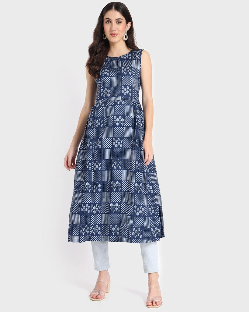 Women's Blue Printed Long Kurti Dress