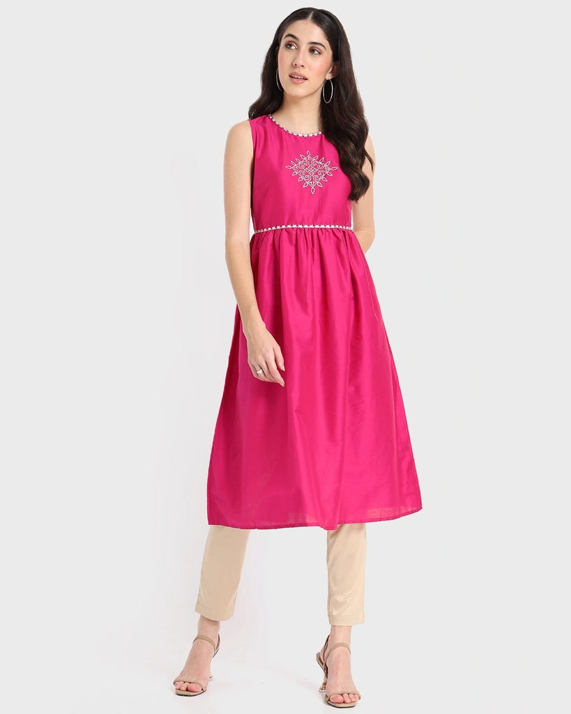 Women's Pink Sleevelesss Ethnic Kurti