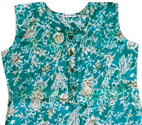 Floral Printed Blue Sleeveless Kurti